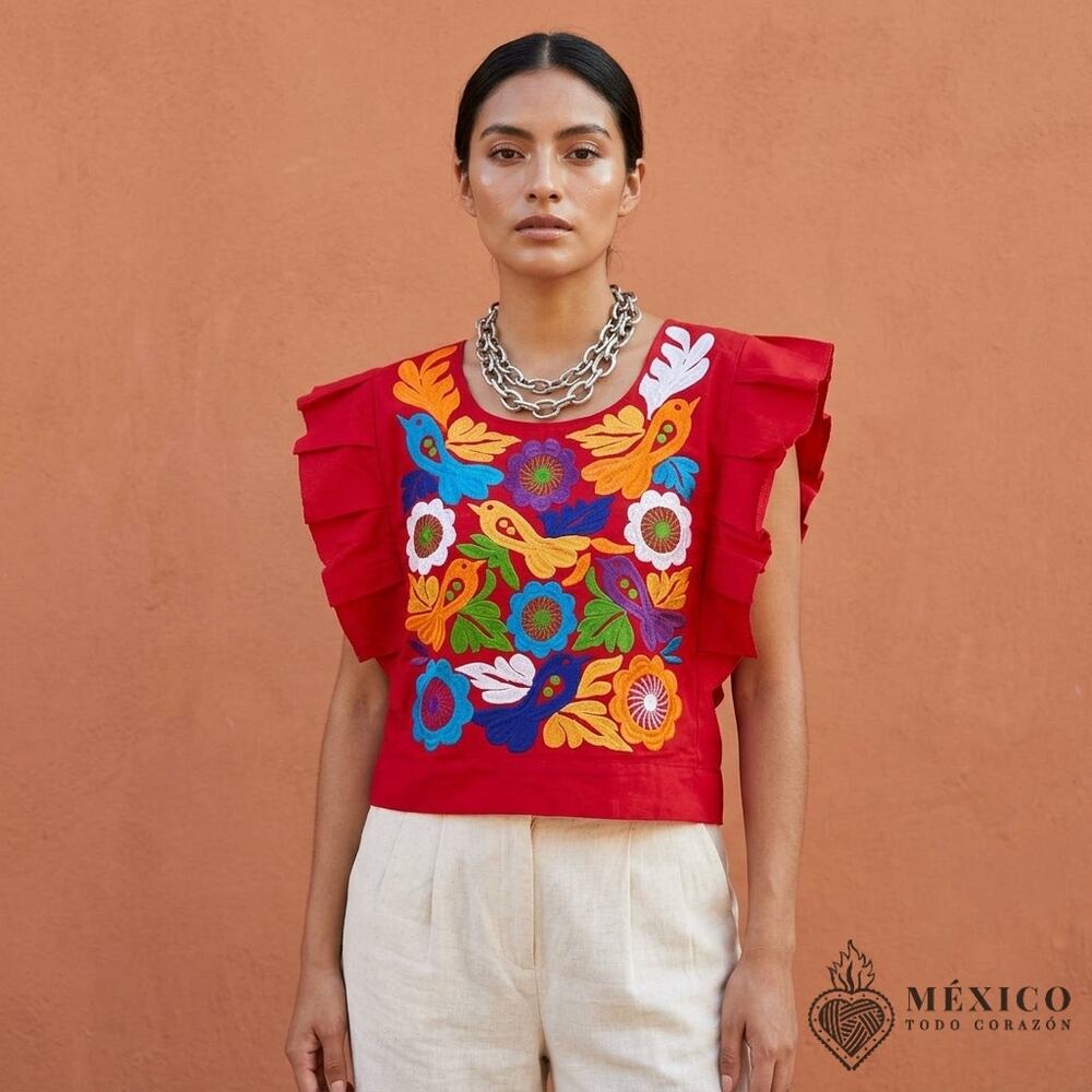 Traditional Mexican Huipil style Blouse – Handmade Embroidered Manta Top S M
